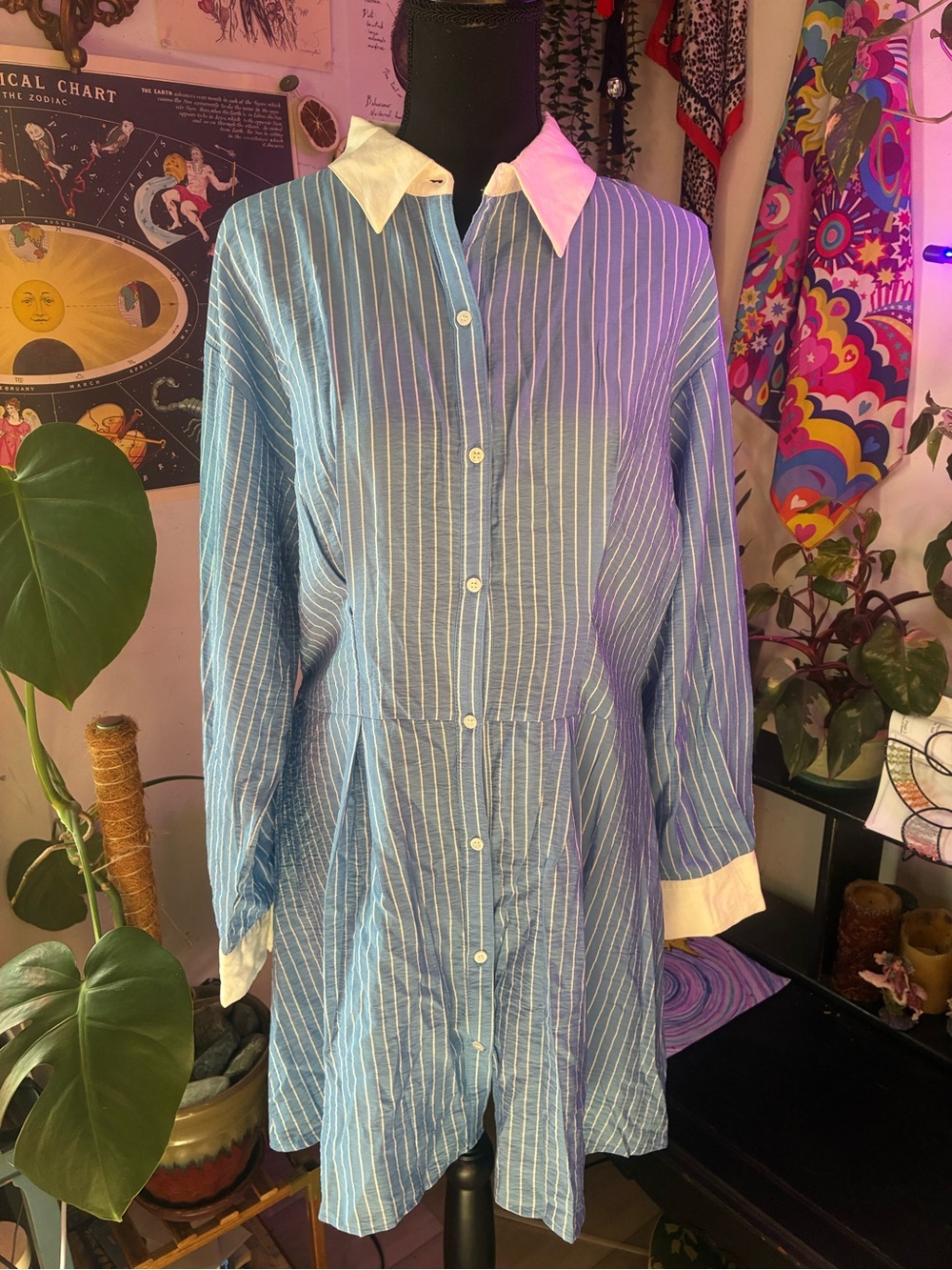 Blue Pinstripe Women’s Button-Down Shirt Dress with White Collar